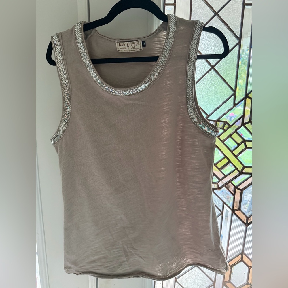 Taupe t-shirt sleeveless shiny beaded Trim Sleeveless Top -  large but fits med